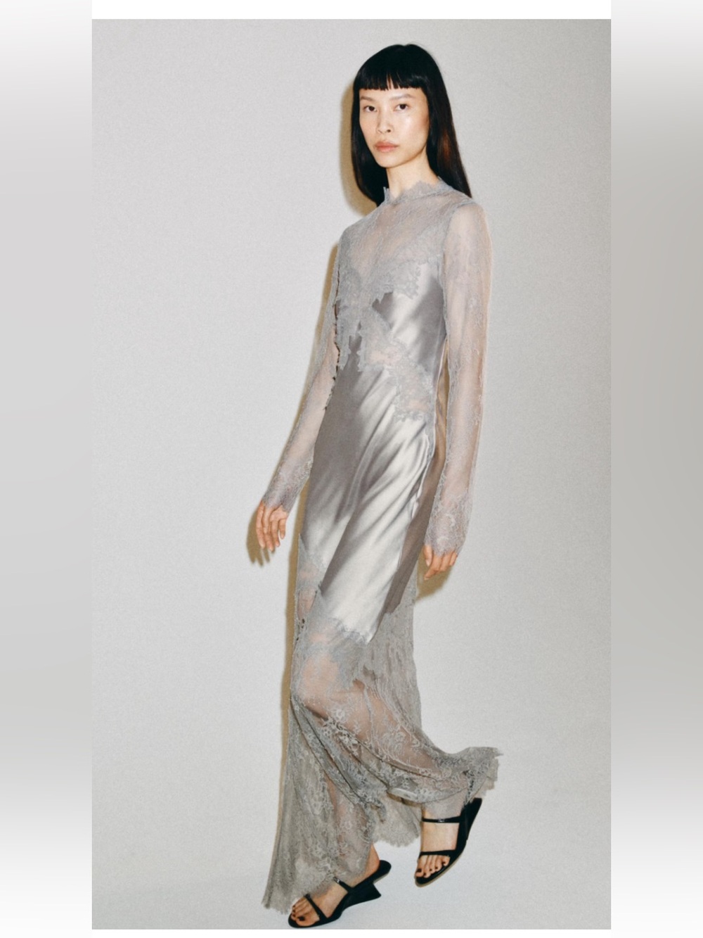 Zara Silver Lace Long-Sleeve Satin Gown